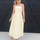 Lace Trim Strapless Gathered Detail Midi Dress In Butter Yellow - Infinity Raine