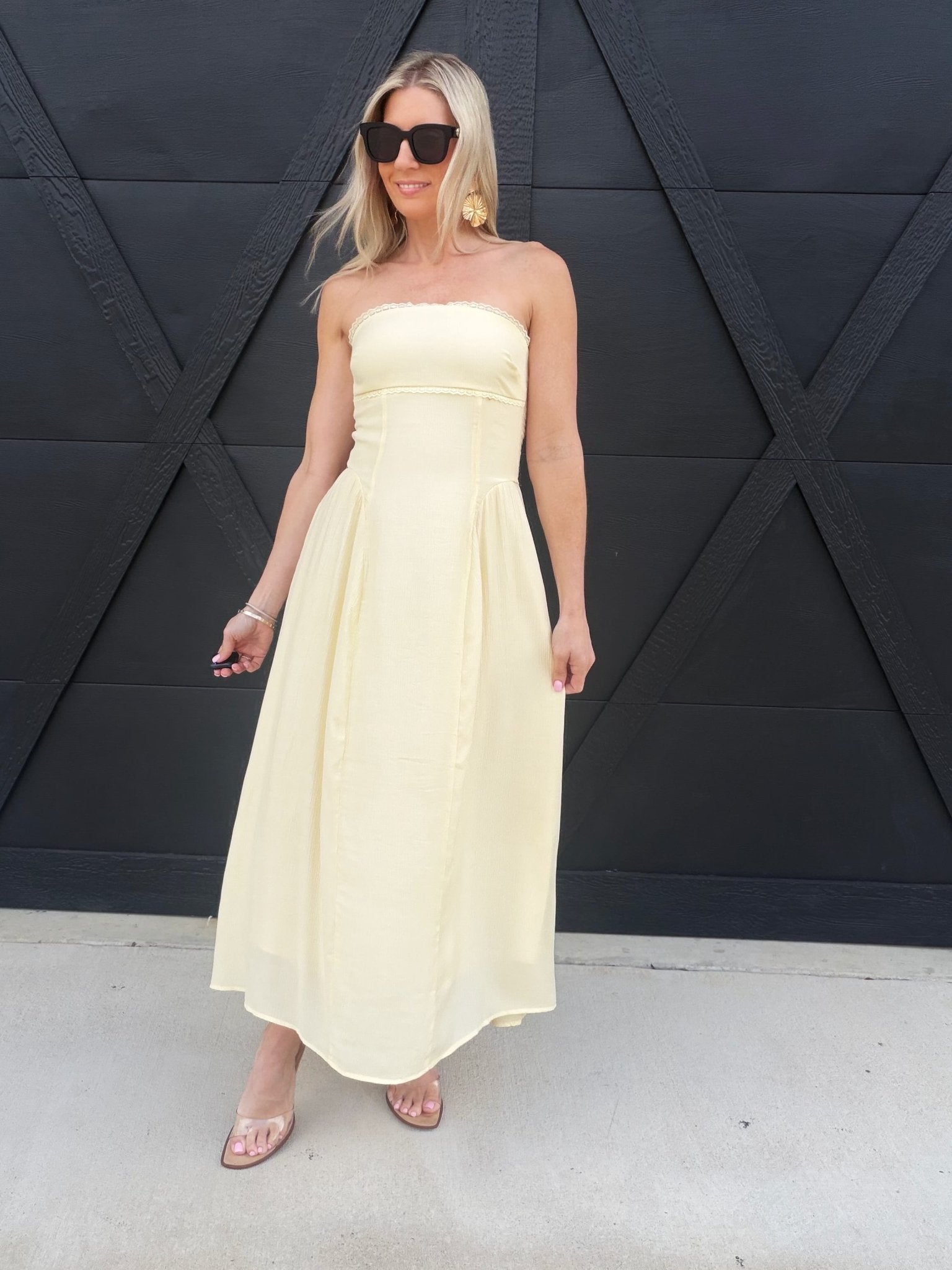 Lace Trim Strapless Gathered Detail Midi Dress In Butter Yellow - Infinity Raine