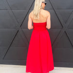 Lace Trim Strapless Gathered Detail Midi Dress In Red - Infinity Raine