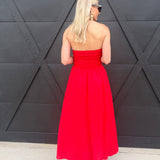 Lace Trim Strapless Gathered Detail Midi Dress In Red - Infinity Raine