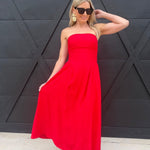Lace Trim Strapless Gathered Detail Midi Dress In Red - Infinity Raine