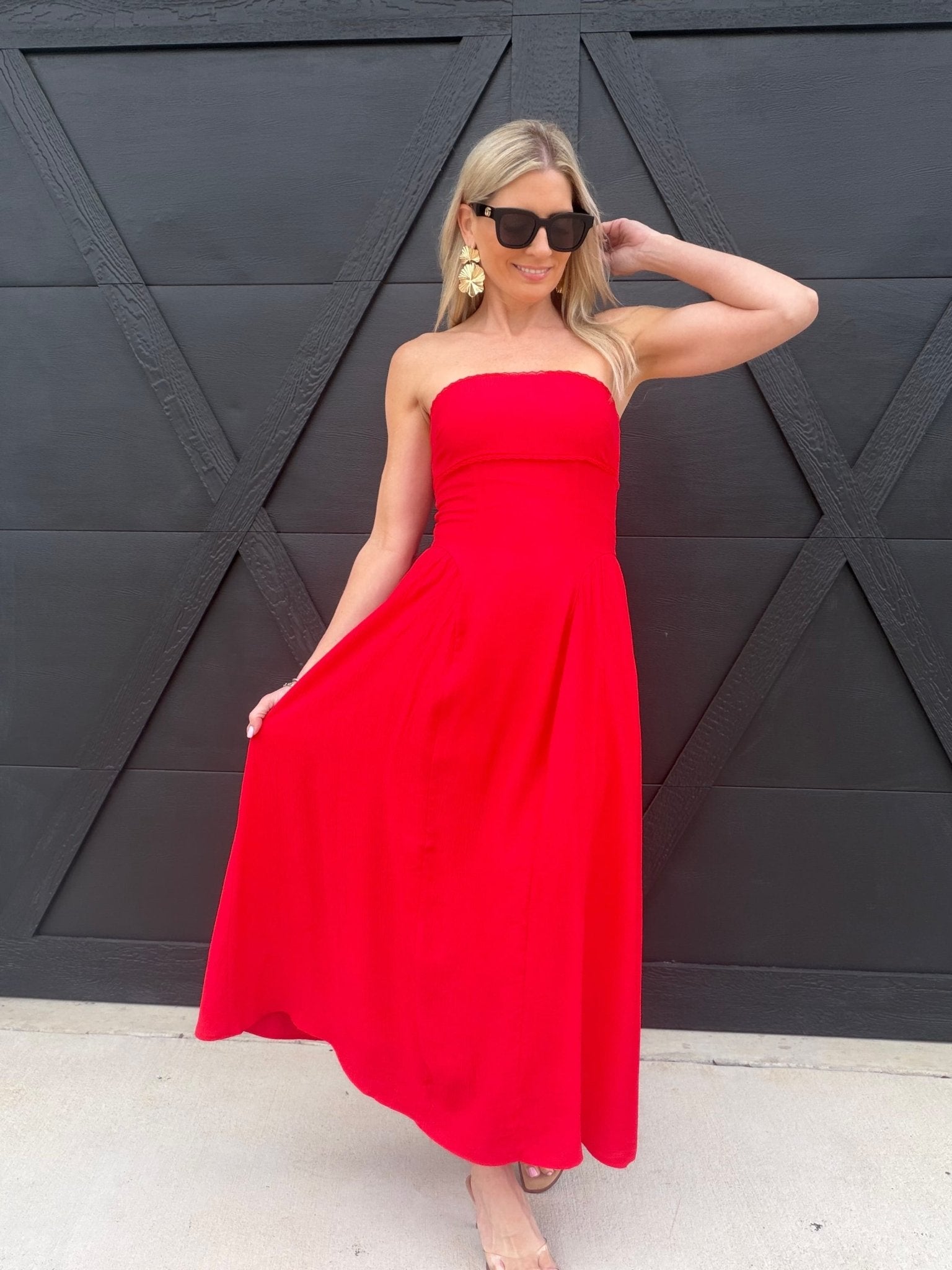 Lace Trim Strapless Gathered Detail Midi Dress In Red - Infinity Raine