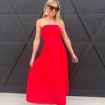 Lace Trim Strapless Gathered Detail Midi Dress In Red - Infinity Raine