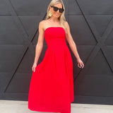 Lace Trim Strapless Gathered Detail Midi Dress In Red - Infinity Raine