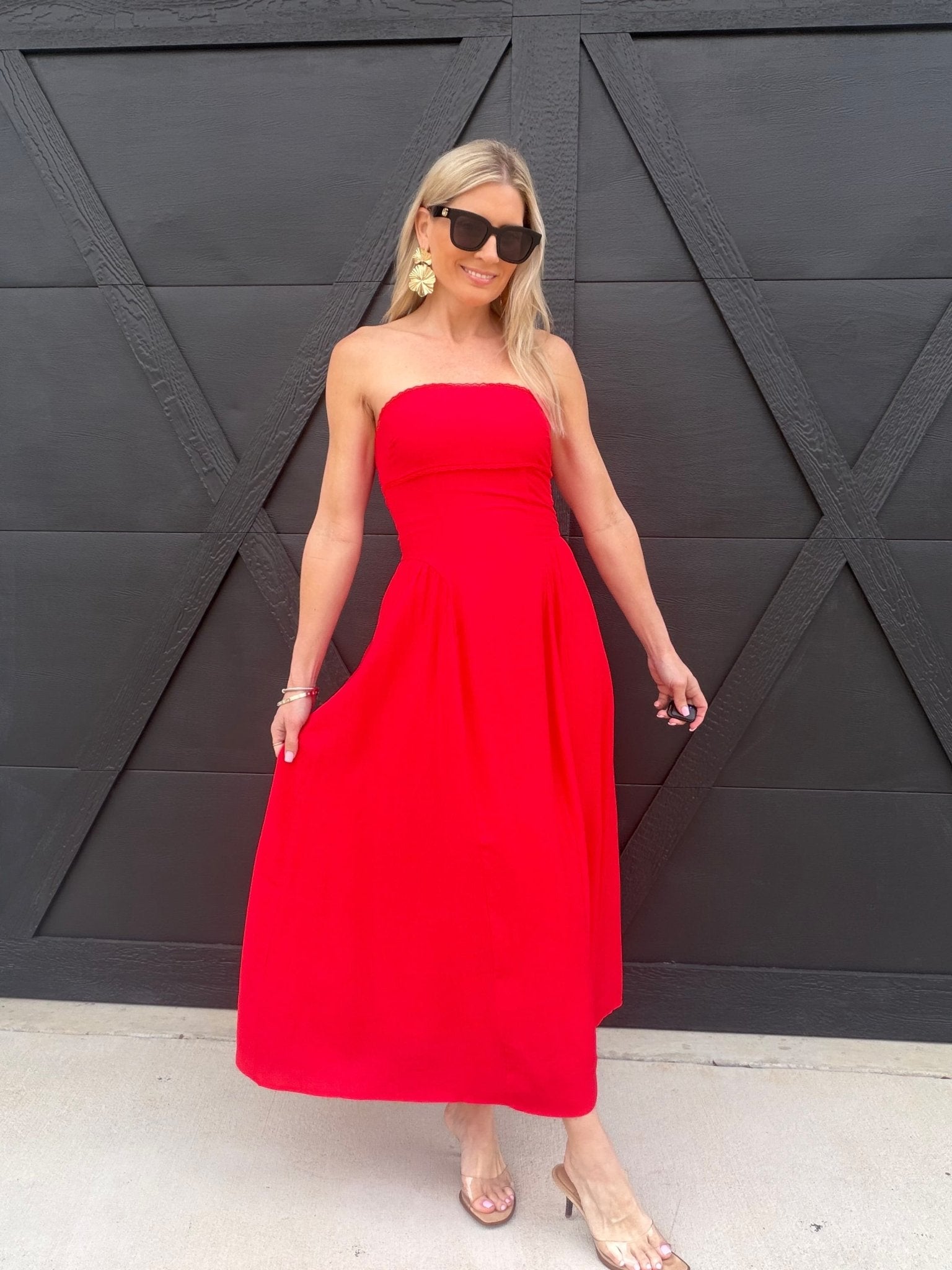Lace Trim Strapless Gathered Detail Midi Dress In Red - Infinity Raine
