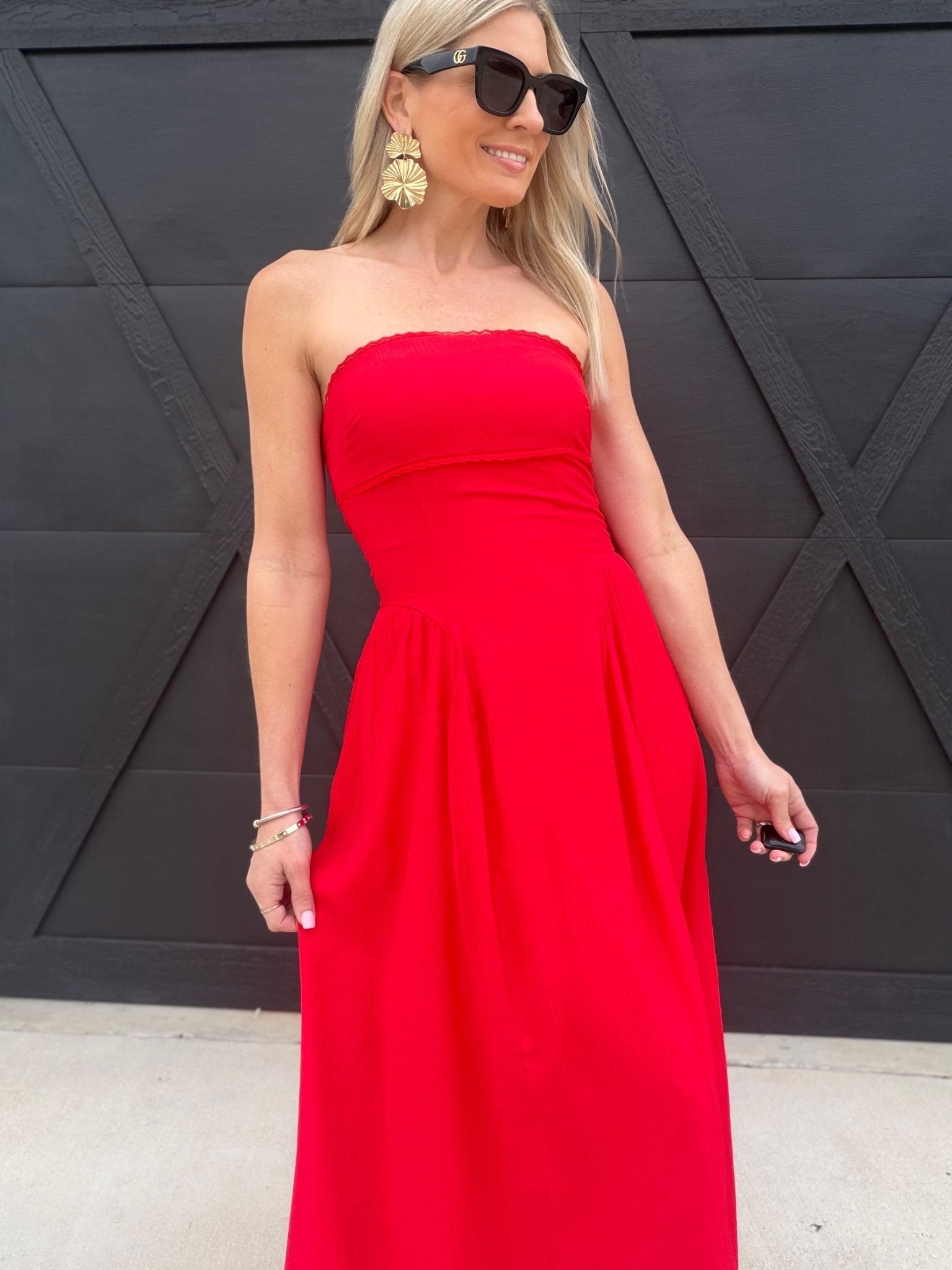 Lace Trim Strapless Gathered Detail Midi Dress In Red - Infinity Raine