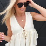 Lace Trim Tie Front Top In Off White - Infinity Raine
