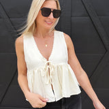 Lace Trim Tie Front Top In Off White - Infinity Raine