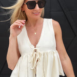 Lace Trim Tie Front Top In Off White - Infinity Raine