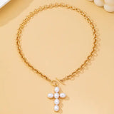 Large Pearl Cross Toggle Necklace In Gold - Infinity Raine