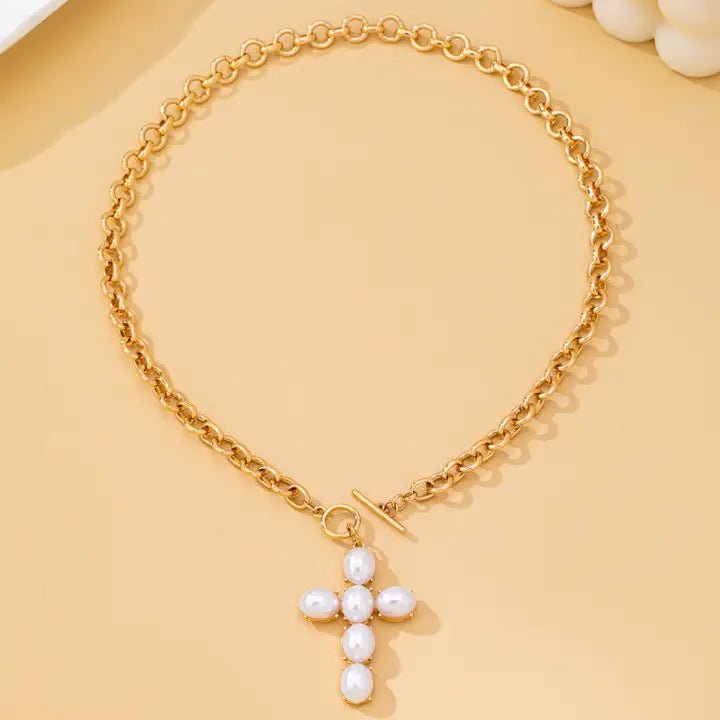 Large Pearl Cross Toggle Necklace In Gold - Infinity Raine