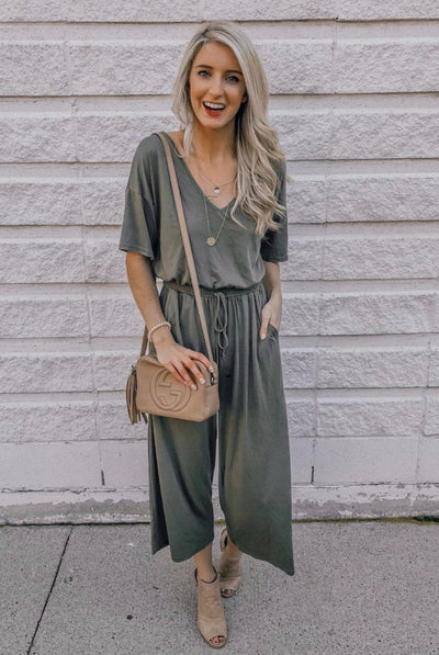 Short Sleeve Jersey Jumpsuit-Olive - Infinity Raine