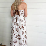 Leaf Print Back Tie Strap Detail Midi Dress In Brown - Infinity Raine
