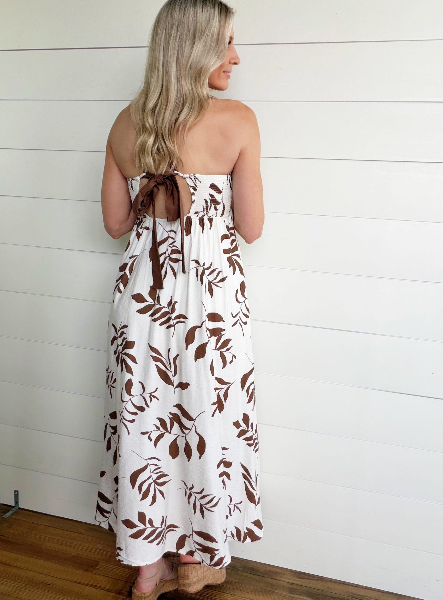 Leaf Print Back Tie Strap Detail Midi Dress In Brown - Infinity Raine