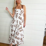Leaf Print Back Tie Strap Detail Midi Dress In Brown - Infinity Raine