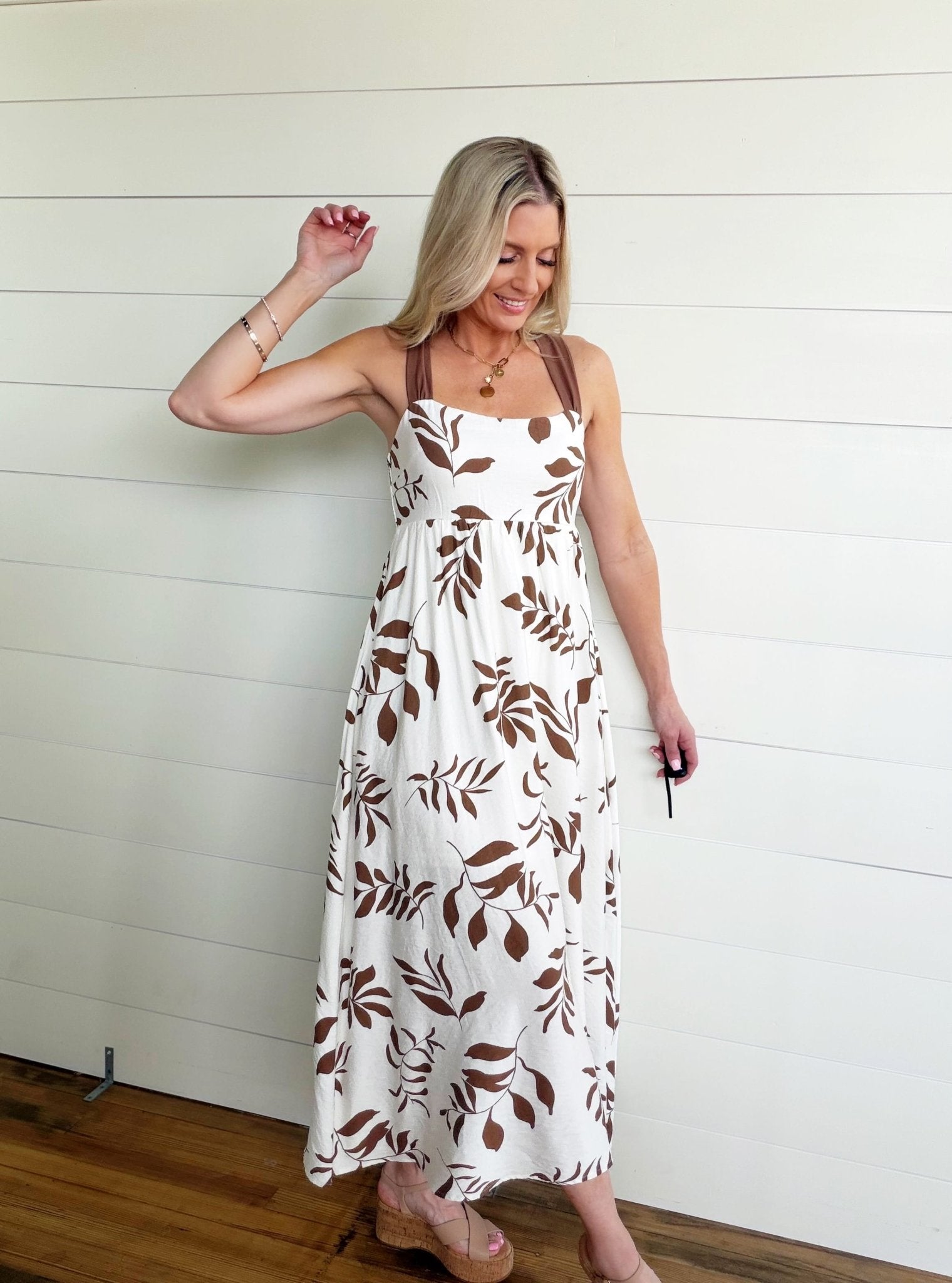 Leaf Print Back Tie Strap Detail Midi Dress In Brown - Infinity Raine