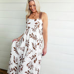 Leaf Print Back Tie Strap Detail Midi Dress In Brown - Infinity Raine
