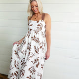 Leaf Print Back Tie Strap Detail Midi Dress In Brown - Infinity Raine