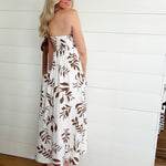 Leaf Print Back Tie Strap Detail Midi Dress In Brown - Infinity Raine