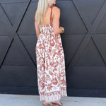 Leaf Print Spaghetti Strap Midi Dress In Terracotta on Oatmeal - Infinity Raine