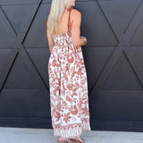 Leaf Print Spaghetti Strap Midi Dress In Terracotta on Oatmeal - Infinity Raine