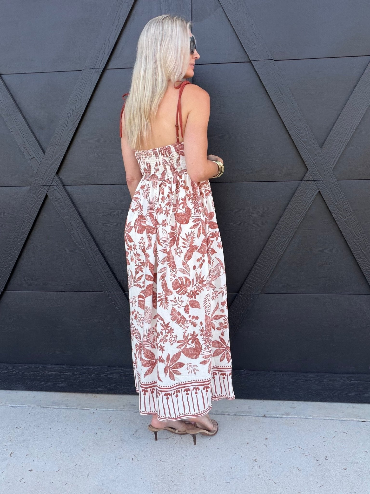Leaf Print Spaghetti Strap Midi Dress In Terracotta on Oatmeal - Infinity Raine