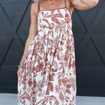 Leaf Print Spaghetti Strap Midi Dress In Terracotta on Oatmeal - Infinity Raine