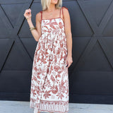 Leaf Print Spaghetti Strap Midi Dress In Terracotta on Oatmeal - Infinity Raine