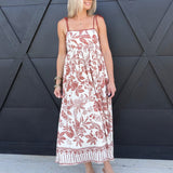 Leaf Print Spaghetti Strap Midi Dress In Terracotta on Oatmeal - Infinity Raine