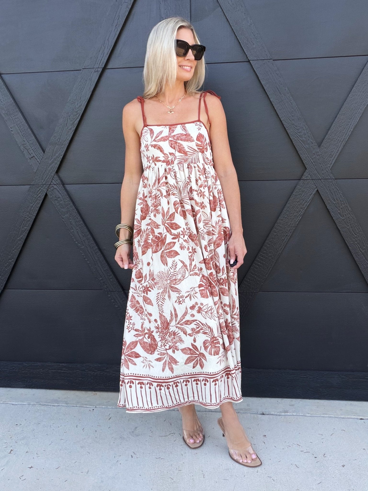 Leaf Print Spaghetti Strap Midi Dress In Terracotta on Oatmeal - Infinity Raine
