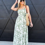Leaf Print Tie Strap Midi Dress In Olive Multi - Infinity Raine
