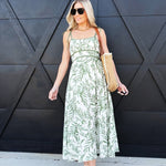 Leaf Print Tie Strap Midi Dress In Olive Multi - Infinity Raine