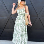 Leaf Print Tie Strap Midi Dress In Olive Multi - Infinity Raine