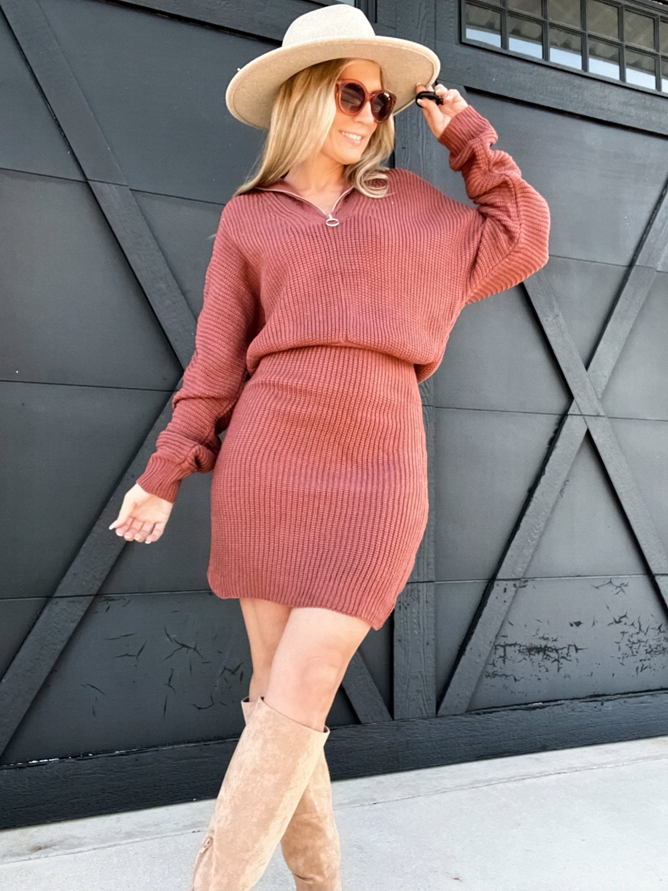 Zipper Sweater Dress-Brown - Infinity Raine