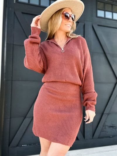 LELIS DRESSES Zipper Sweater Dress-Brown
