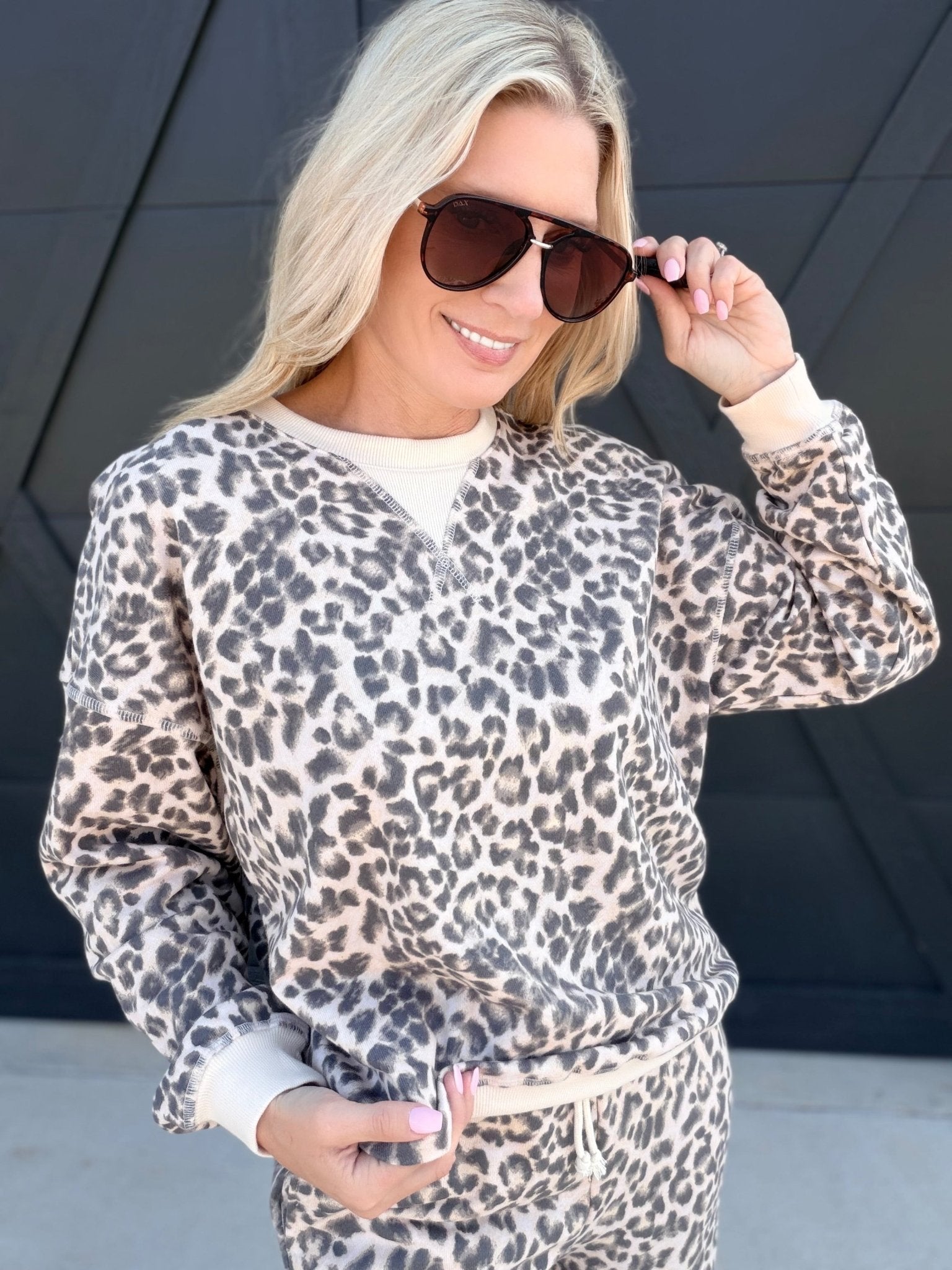 Leopard Boxy V-Insert Long Sleeve Knit Top In Cream Multi - Infinity Raine