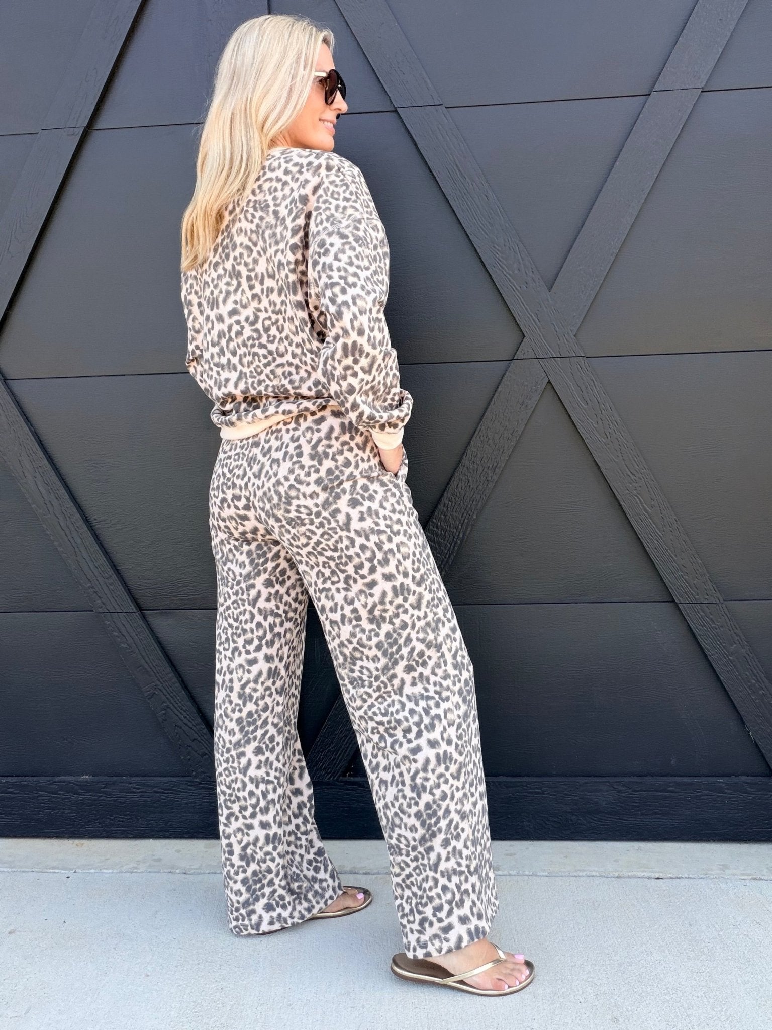 Leopard Drawstring Wide Leg Lounge Pants In Cream Multi - Infinity Raine