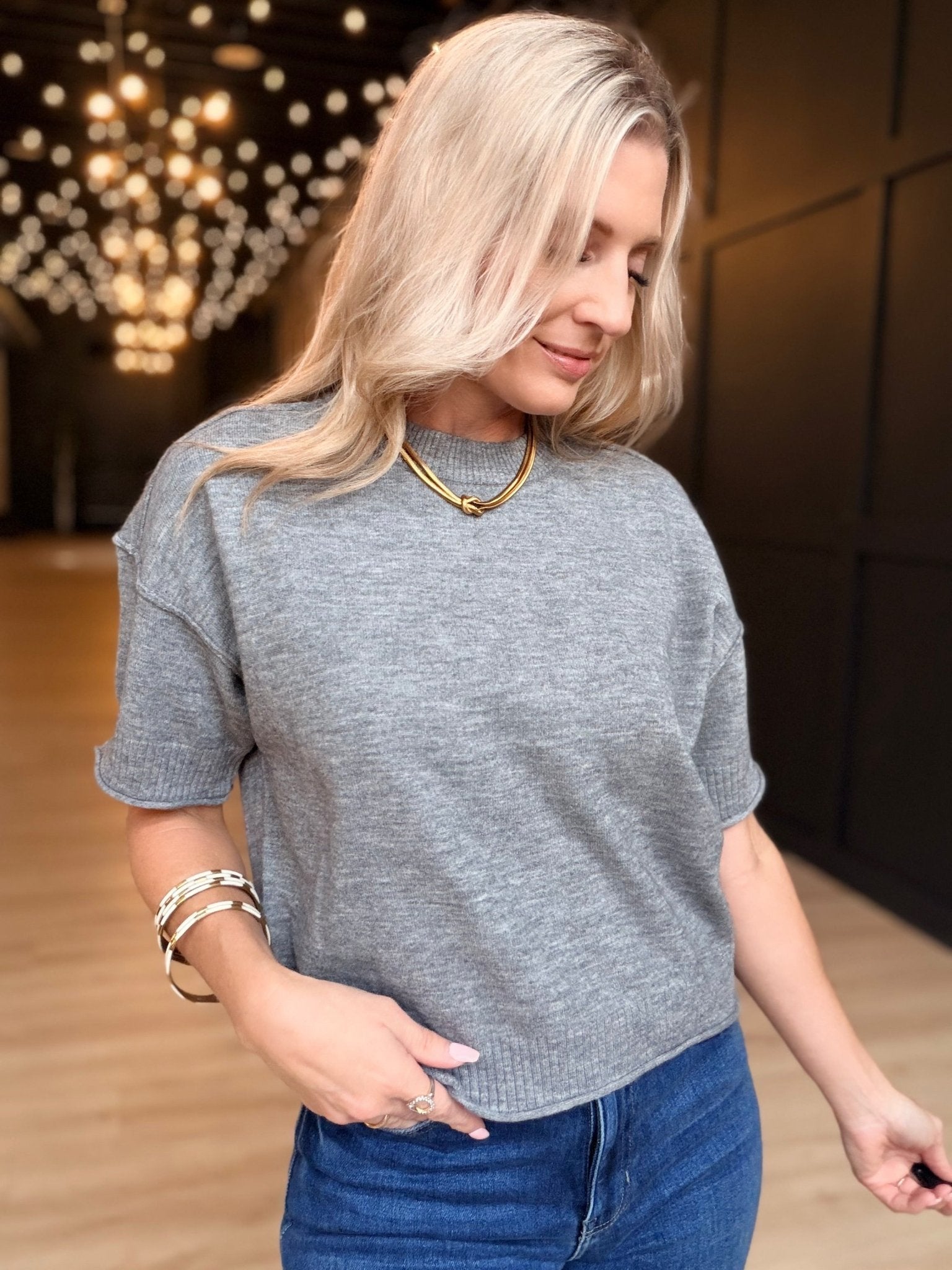 Lightweight Exposed Seam Short Sleeve Crop Sweater In Charcoal - Infinity Raine