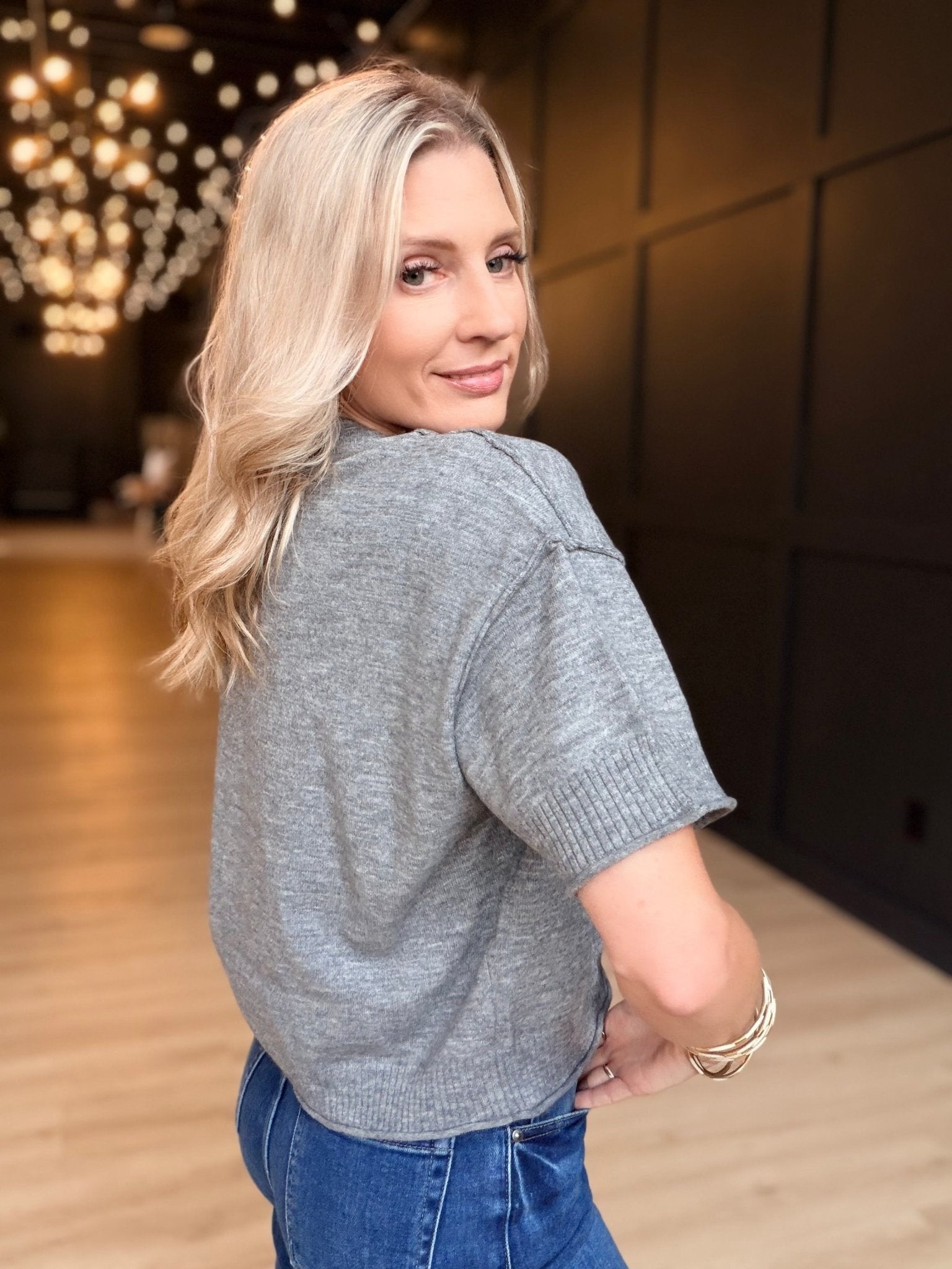Lightweight Exposed Seam Short Sleeve Crop Sweater In Charcoal - Infinity Raine