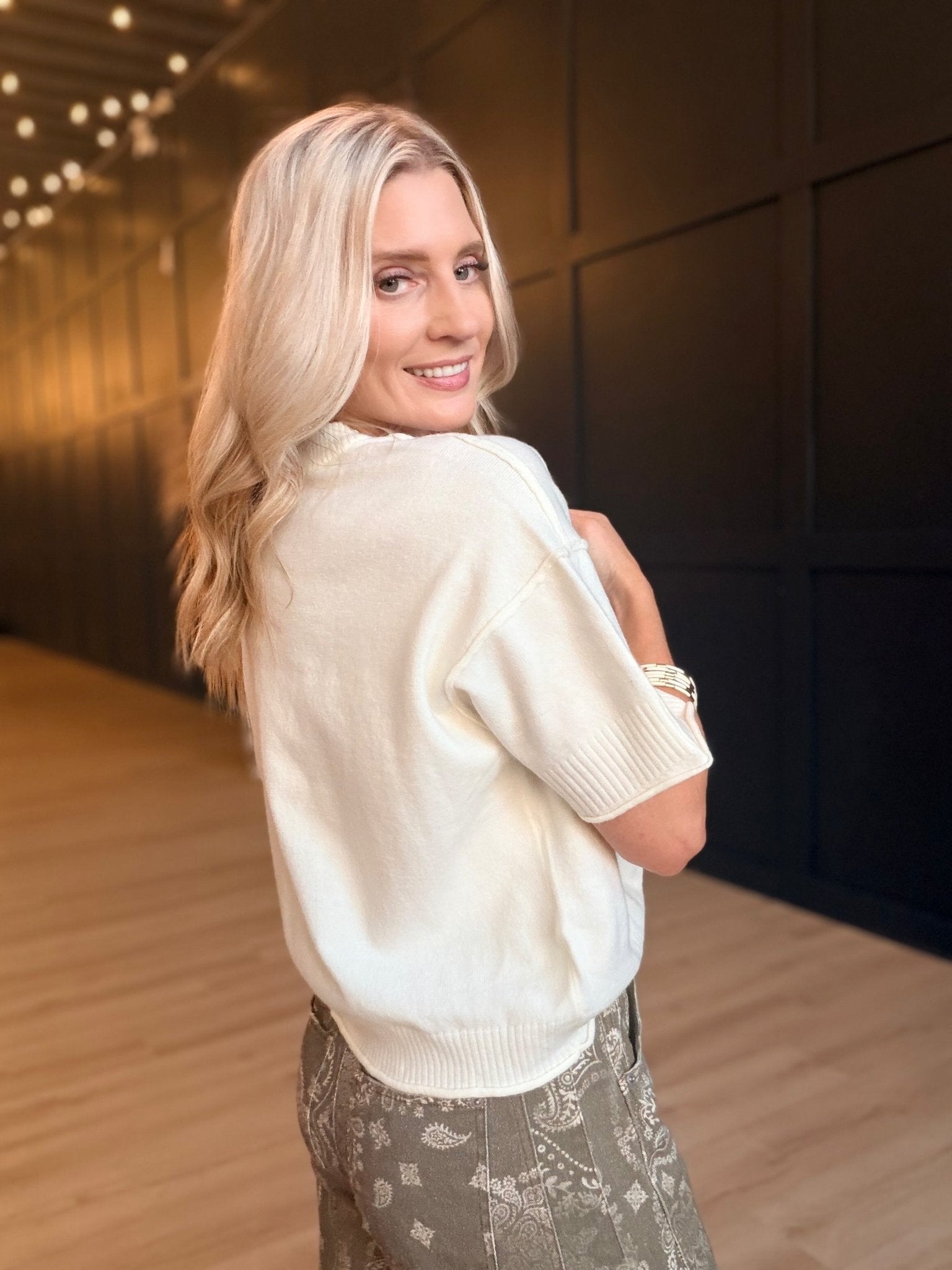 Lightweight Exposed Seam Short Sleeve Crop Sweater In Ivory - Infinity Raine