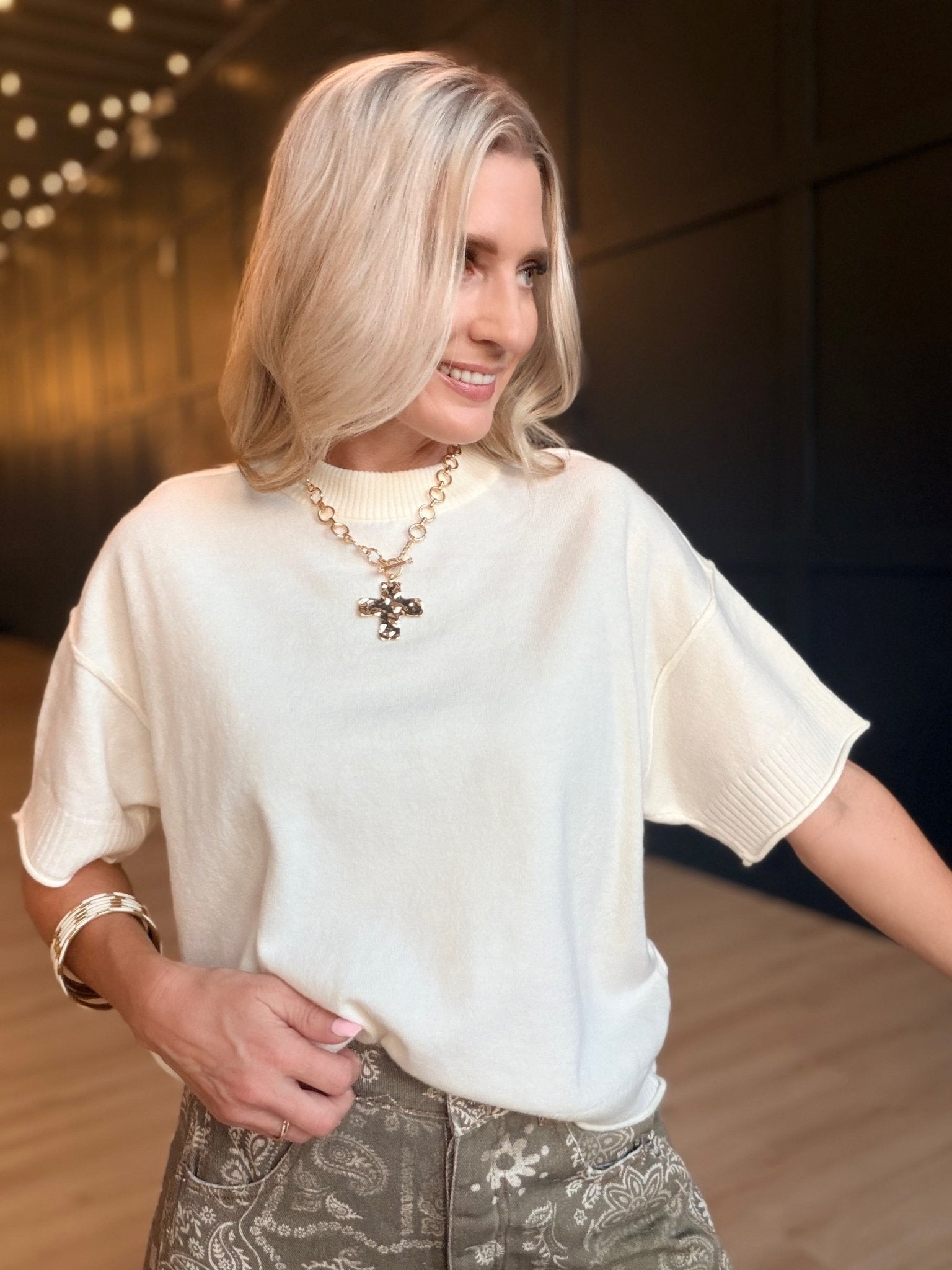 Lightweight Exposed Seam Short Sleeve Crop Sweater In Ivory - Infinity Raine