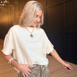 Lightweight Exposed Seam Short Sleeve Crop Sweater In Ivory - Infinity Raine