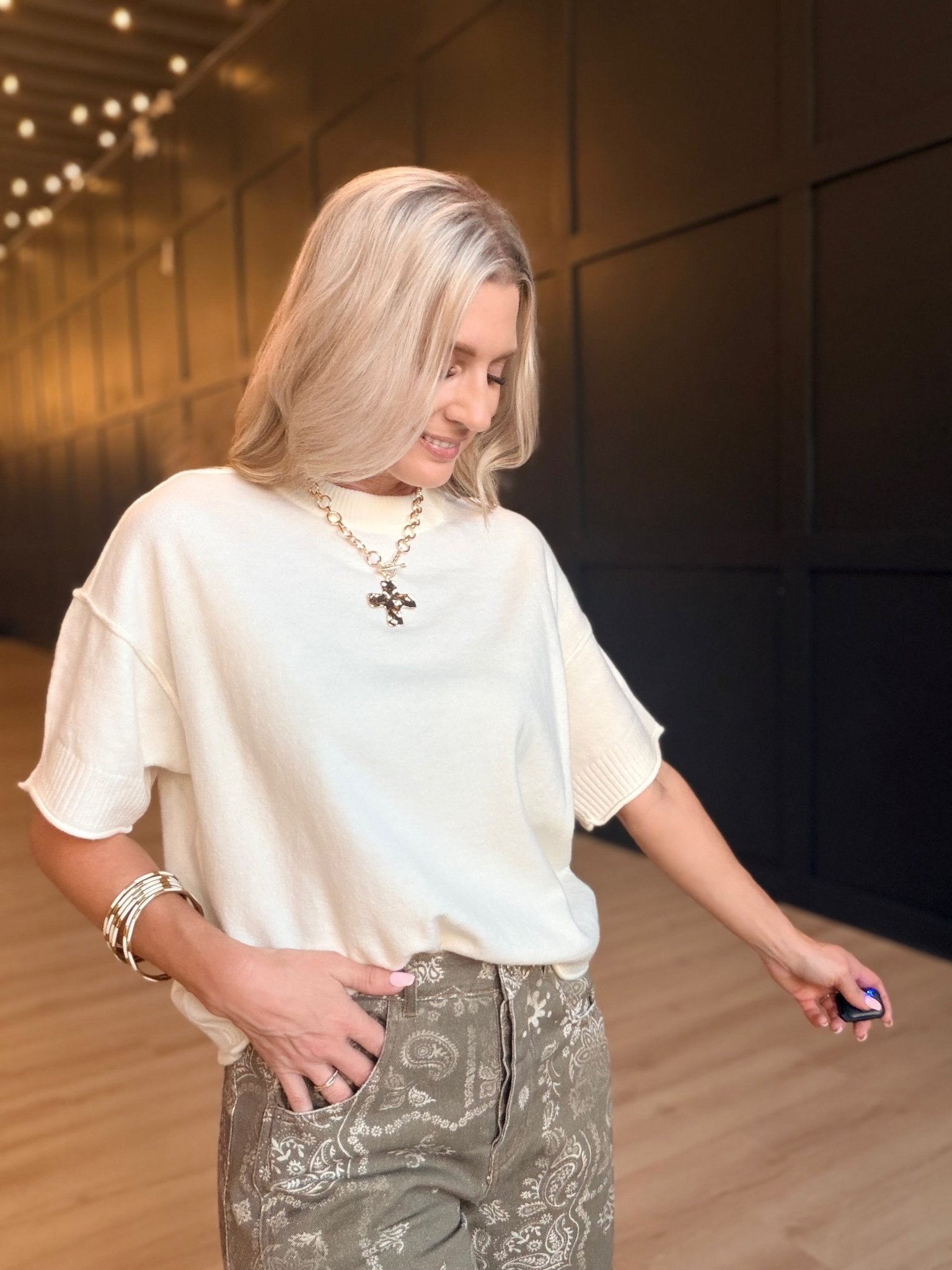 Lightweight Exposed Seam Short Sleeve Crop Sweater In Ivory - Infinity Raine