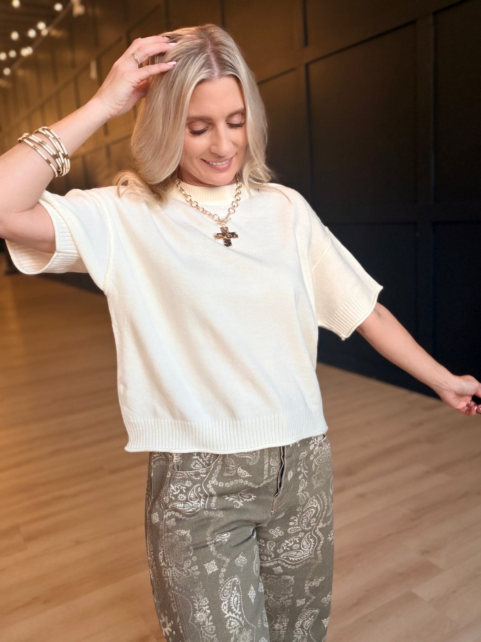 Lightweight Exposed Seam Short Sleeve Crop Sweater In Ivory - Infinity Raine
