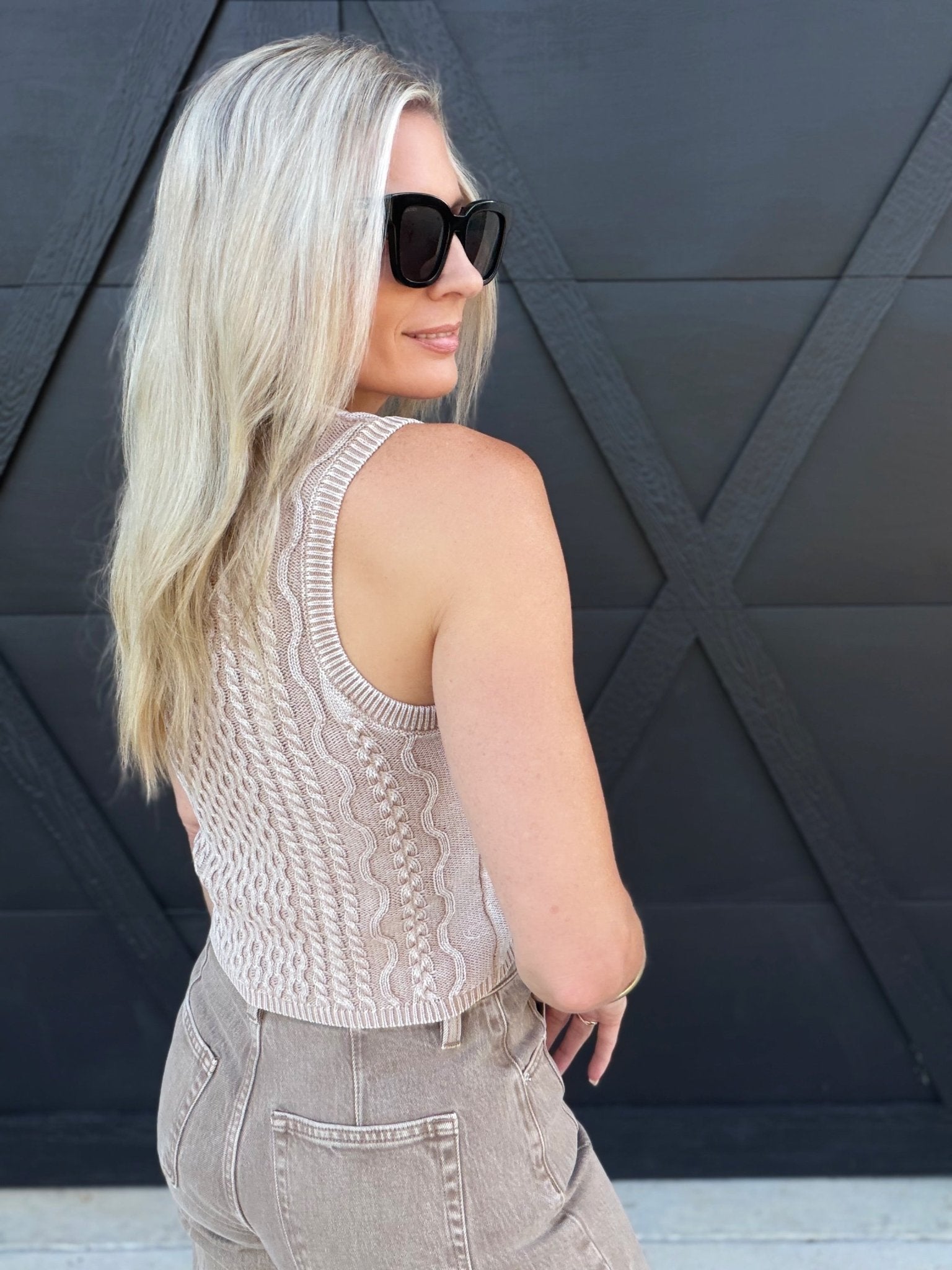 Lightweight Washed Cable Knit Sweater Vest In Khaki - Infinity Raine