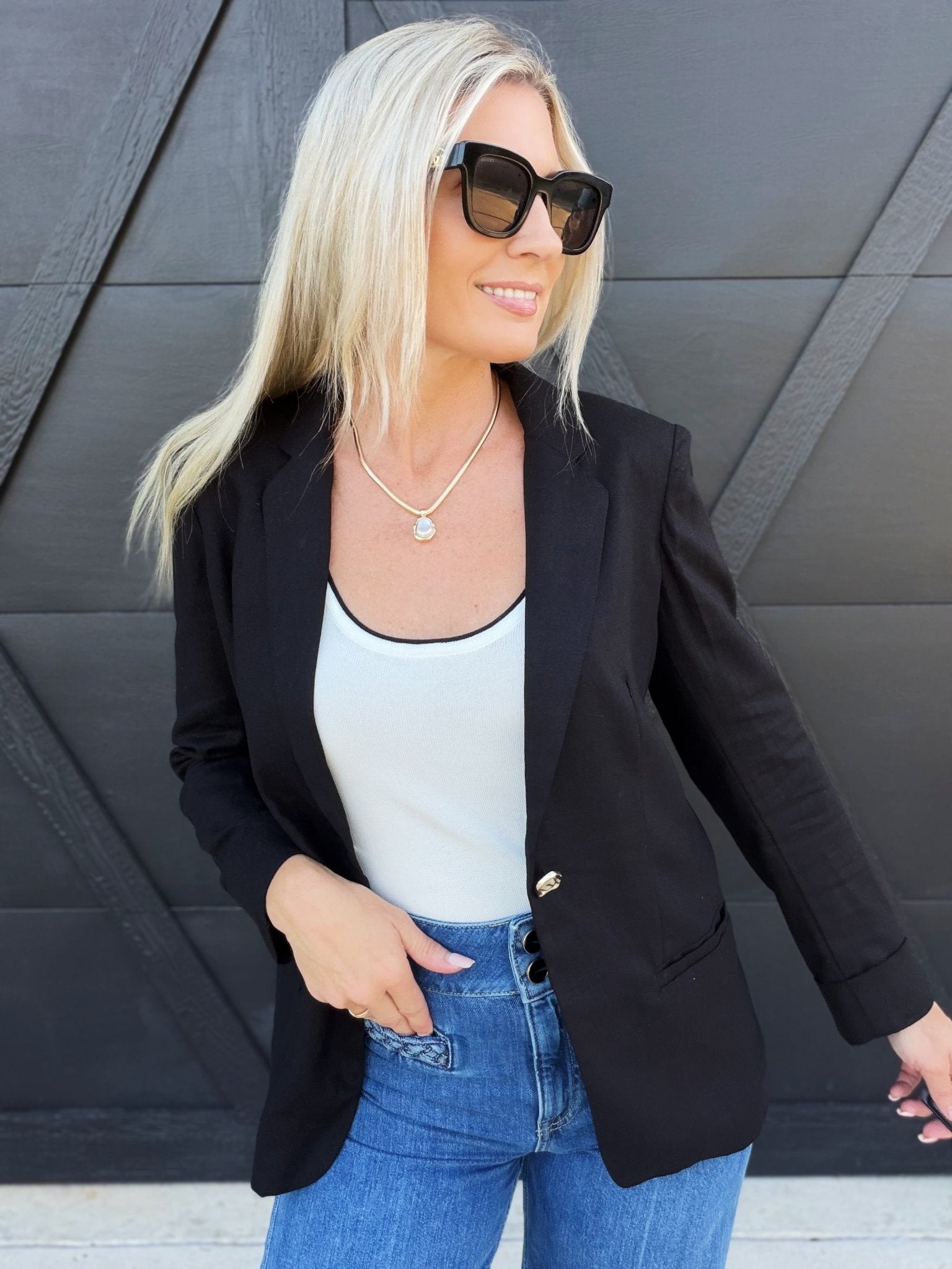 Linen Blazer With Gold Button In Black - Infinity Raine