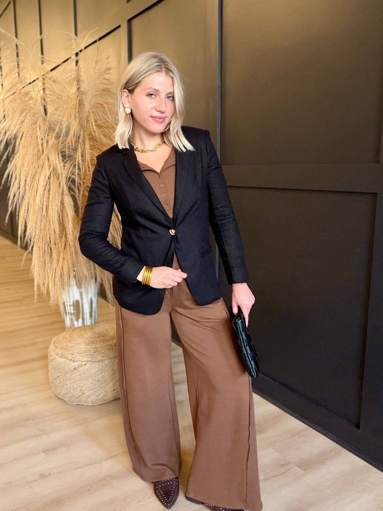 Linen Blazer With Gold Button In Black - Infinity Raine