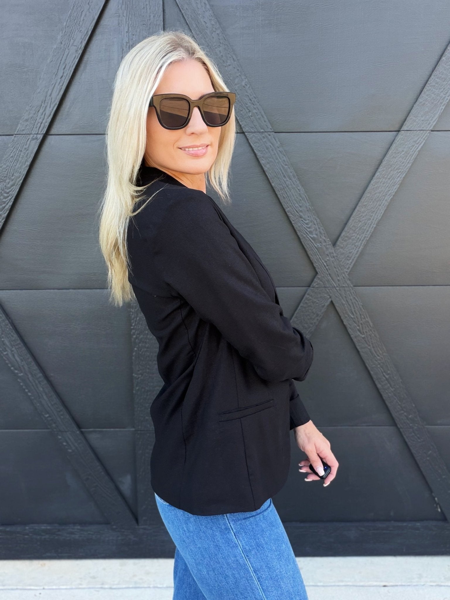 Linen Blazer With Gold Button In Black - Infinity Raine
