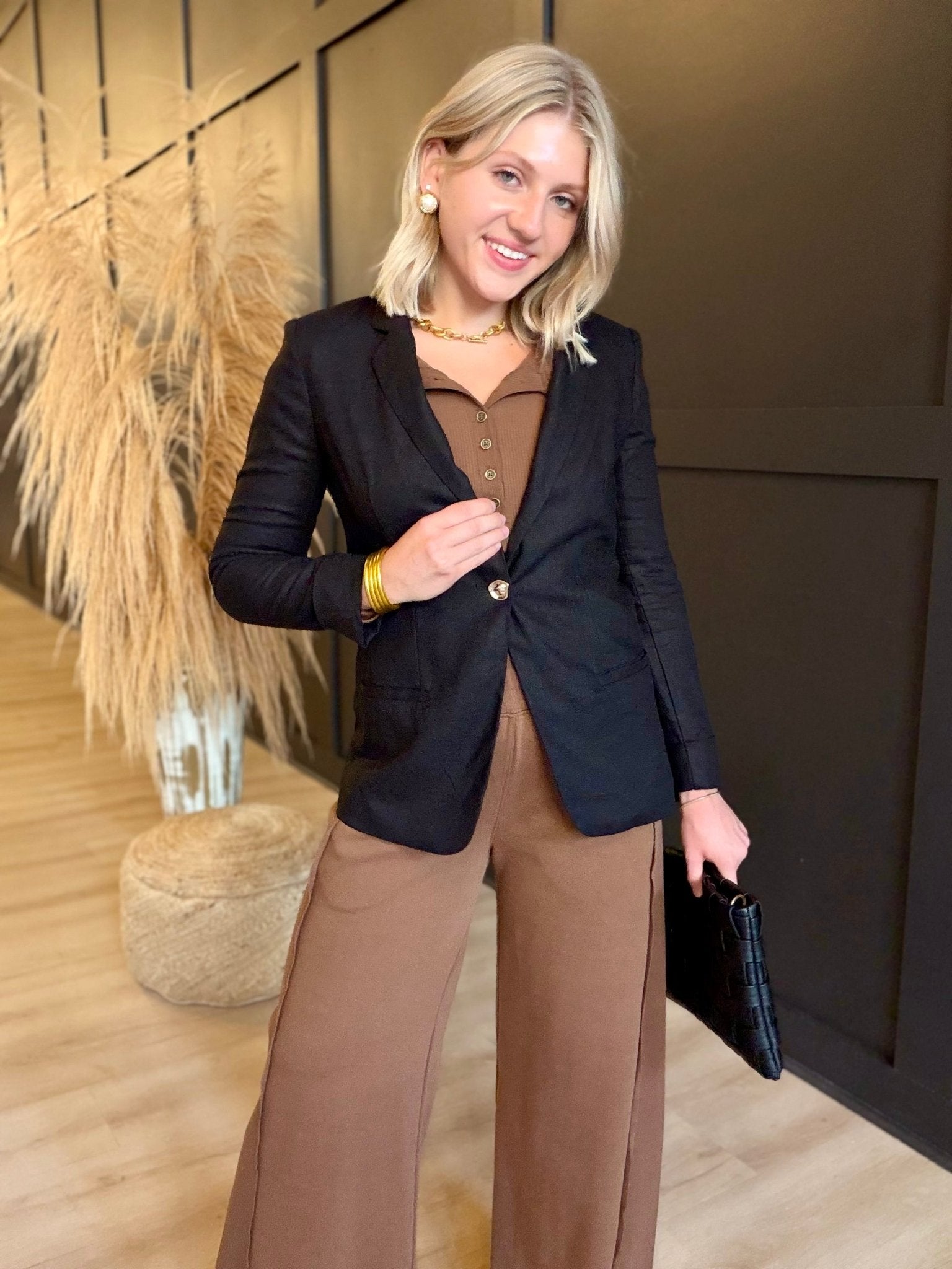 Linen Blazer With Gold Button In Black - Infinity Raine