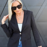 Linen Blazer With Gold Button In Black - Infinity Raine